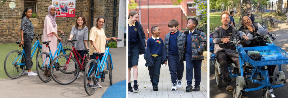 Three images in a montage showing adults cycling, young children walking, and a bike for people with disabilities