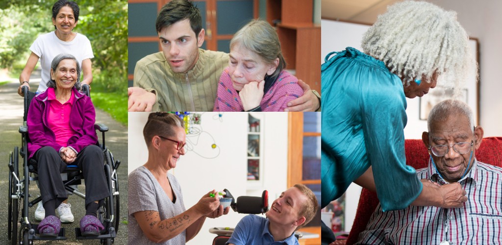 Made up of four separate photos: a woman pushing an older woman in a wheelchair outside, a woman checking a middle-aged man's heart, a man talking to an official with his arm around an older woman and a woman feeding a young man in a wheelchair.