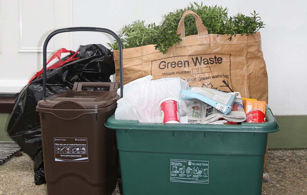Recycling bins and bags at a home